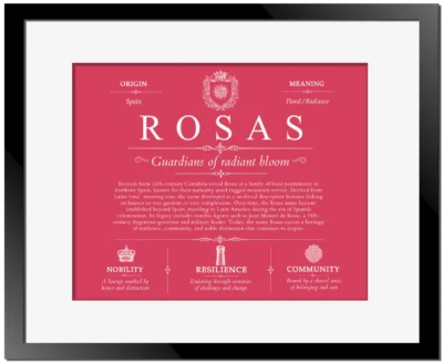 Rosas surname meaning and heritage in Red with Black Matte Frame