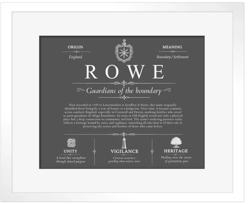 Rowe surname origin and history in Gray with White Matte Frame