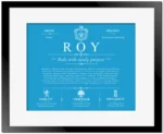 Roy family name origin and history in Blue with Black Matte Frame