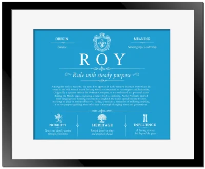 Roy family name origin and history in Blue with Black Matte Frame