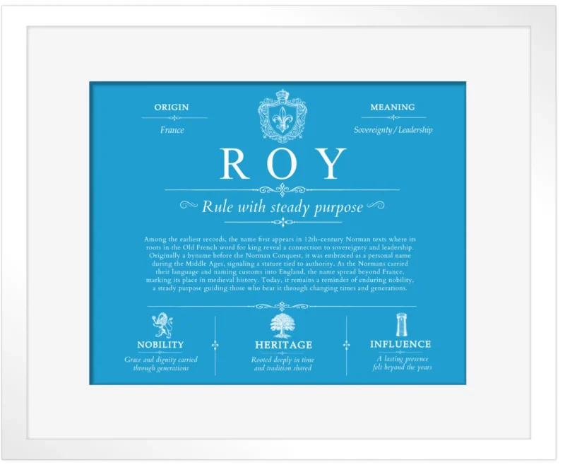 Roy family name origin and history in Blue with White Matte Frame