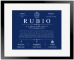 Rubio surname origin and history in Deep Blue with Black Matte Frame