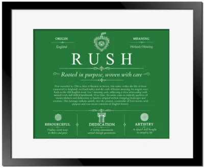 Rush personalized surname meaning in Dark Green with Black Matte Frame