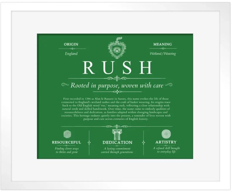 Rush personalized surname meaning in Dark Green with White Matte Frame