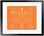 Russell personalized family surname in Orange with Black Matte Frame