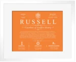 Russell personalized family surname in Orange with White Matte Frame