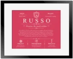 Russo surname history and heritage in Red with Black Matte Frame