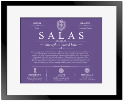 Salas family name meaning and history in Purple with Black Matte Frame