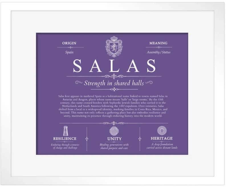 Salas family name meaning and history in Purple with White Matte Frame