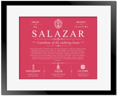 Salazar family name origin and history in Red with Black Matte Frame