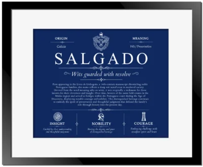 Salgado surname history and heritage in Deep Blue with Black Matte Frame