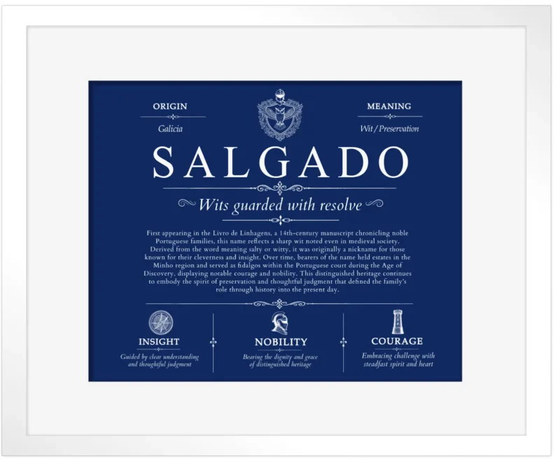 Salgado surname history and heritage in Deep Blue with White Matte Frame