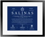 Salinas family name meaning and origin in Deep Blue with Black Matte Frame