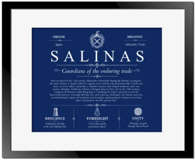 Salinas family name meaning and origin in Deep Blue with Black Matte Frame