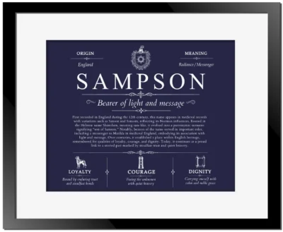 Sampson family name meaning and history in Navy Blue with Black Matte Frame