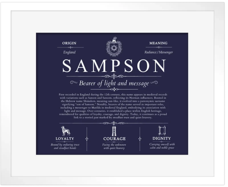 Sampson family name meaning and history in Navy Blue with White Matte Frame