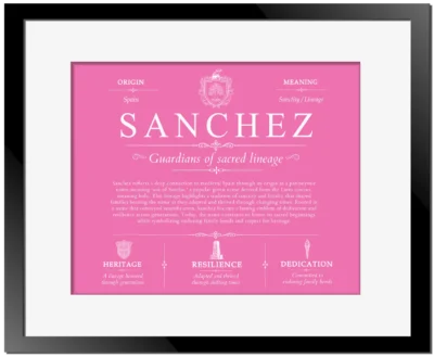 Sanchez surname meaning origin and heritage in Pink with Black Matte Frame