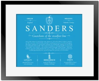 Sanders surname heritage and history in Blue with Black Matte Frame