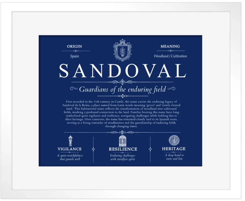 Sandoval family name heritage in Deep Blue with White Matte Frame