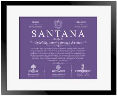 Santana family name meaning and origin in Purple with Black Matte Frame
