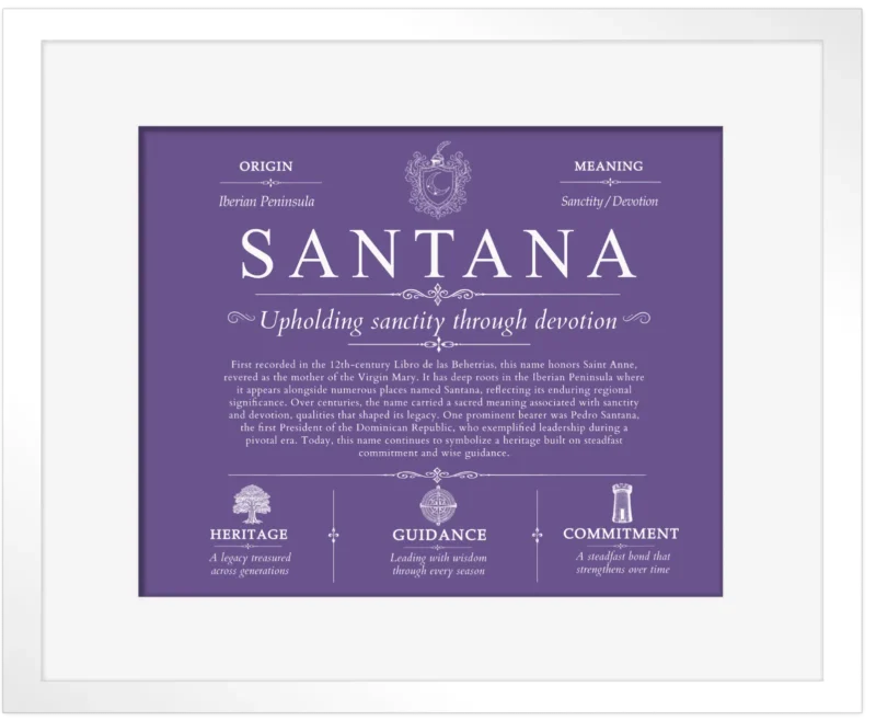 Santana family name meaning and origin in Purple with White Matte Frame