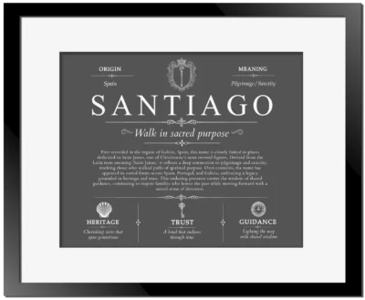 Santiago surname meaning origin and heritage in Gray with Black Matte Frame