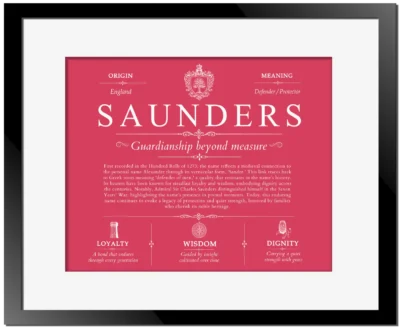 Saunders personalized surname meaning in Red with Black Matte Frame