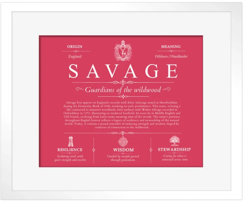 Savage last name meaning and origin in Red with White Matte Frame