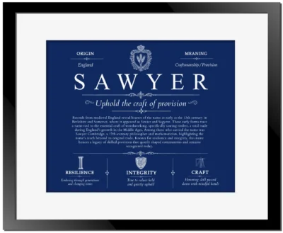 Sawyer surname meaning origin and heritage in Deep Blue with Black Matte Frame