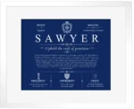 Sawyer surname meaning origin and heritage in Deep Blue with White Matte Frame