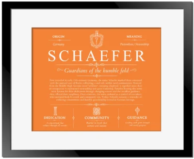 Schaefer family name origin and history in Orange with Black Matte Frame