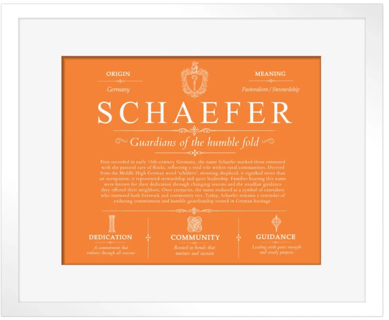 Schaefer family name origin and history in Orange with White Matte Frame