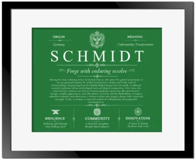 Schmidt family name meaning and history in Dark Green with Black Matte Frame