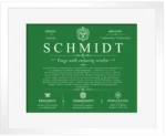 Schmidt family name meaning and history in Dark Green with White Matte Frame