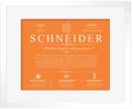 Schneider surname history and heritage in Orange with White Matte Frame Schneider surname history and heritage in Orange with White Matte Frame