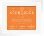 Schroeder family name meaning and history in Orange with White Matte Frame