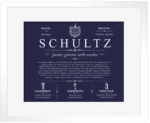Schultz surname heritage and history in Navy Blue with White Matte Frame