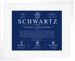 Schwartz family name heritage in Deep Blue with White Matte Frame