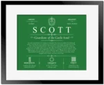 Scott surname origin and family heritage in Dark Green with Black Matte Frame
