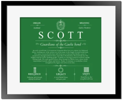 Scott surname origin and family heritage in Dark Green with Black Matte Frame