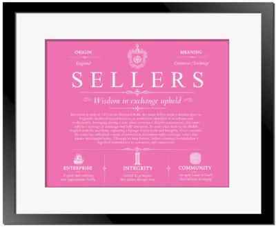 Sellers surname origin and history in Pink with Black Matte Frame