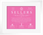 Sellers surname origin and history in Pink with White Matte Frame