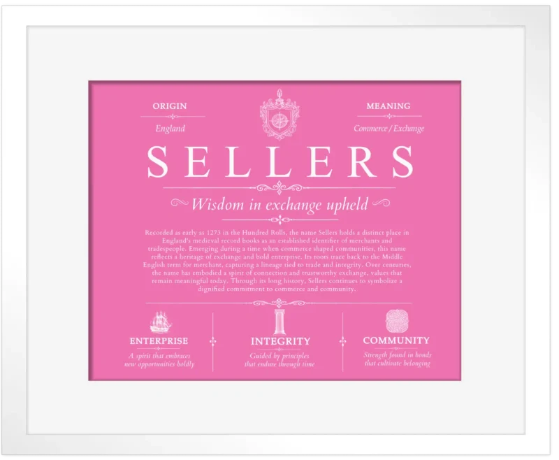 Sellers surname origin and history in Pink with White Matte Frame