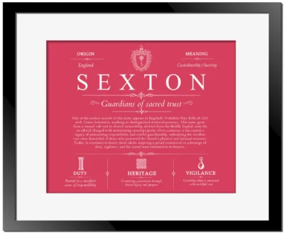 Sexton surname history and heritage in Red with Black Matte Frame