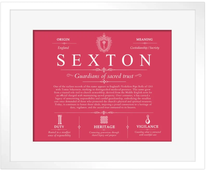 Sexton surname history and heritage in Red with White Matte Frame