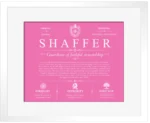 Shaffer personalized family surname in Pink with White Matte Frame