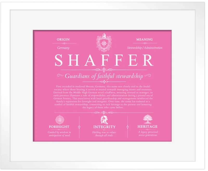Shaffer personalized family surname in Pink with White Matte Frame