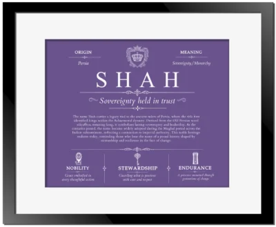 Shah surname origin and family heritage in Purple with Black Matte Frame