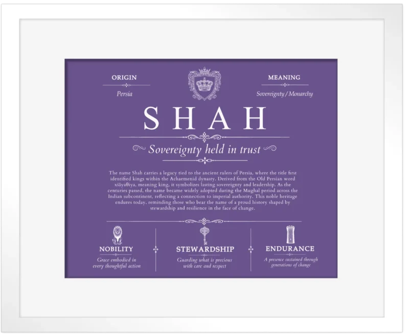 Shah surname origin and family heritage in Purple with White Matte Frame