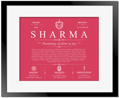 Sharma personalized surname meaning in Red with Black Matte Frame